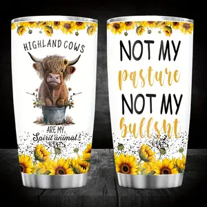 Highland Cow Stainless Steel Tumbler 20oz - Insulated Cow Coffee Mug with Lid - Metal Travel Cup for Cow Lovers - Seasonal Décor for Halloween, Easter, Thanksgiving - No Feathers, Electricity-Free