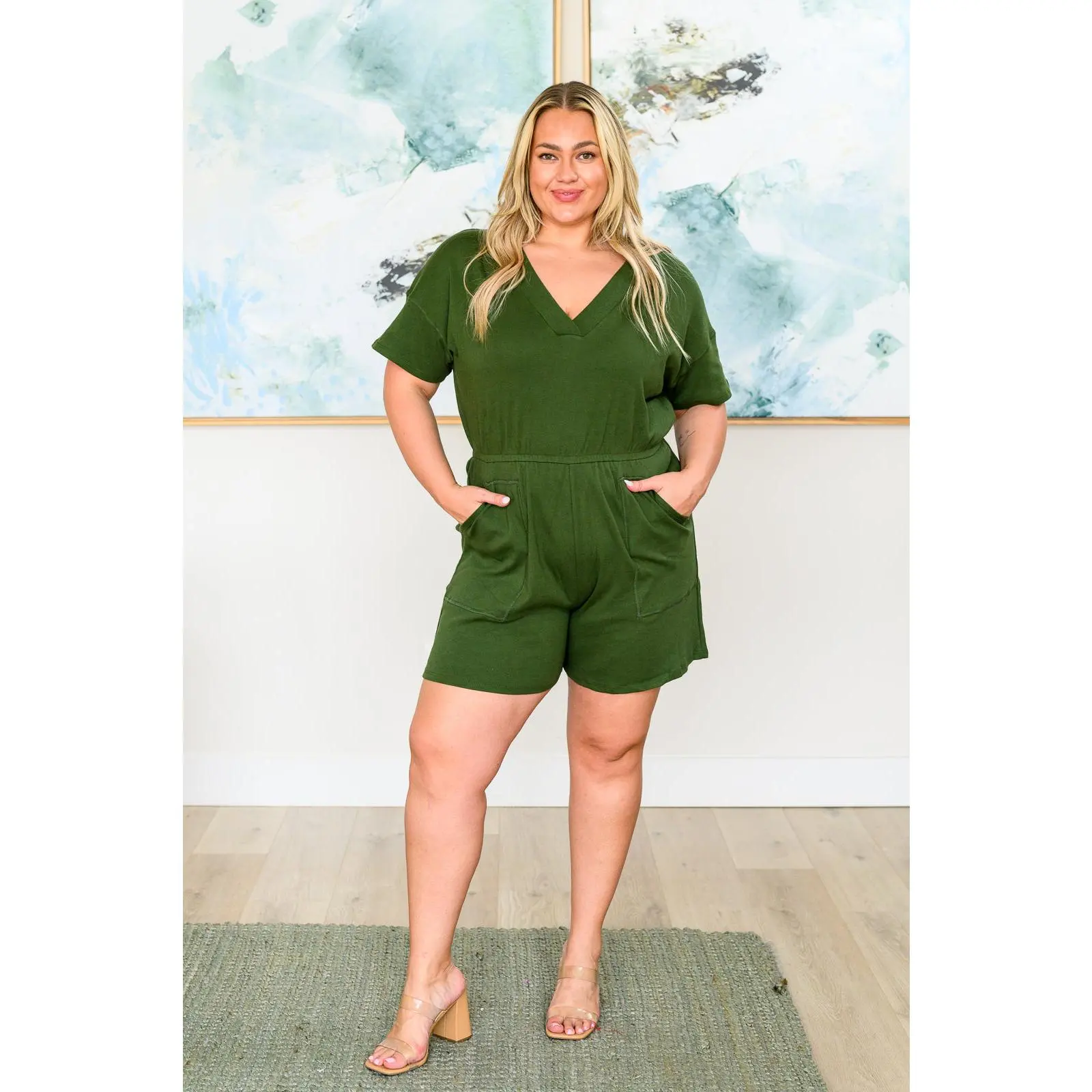 Short Sleeve V-Neck Romper in Army Green
