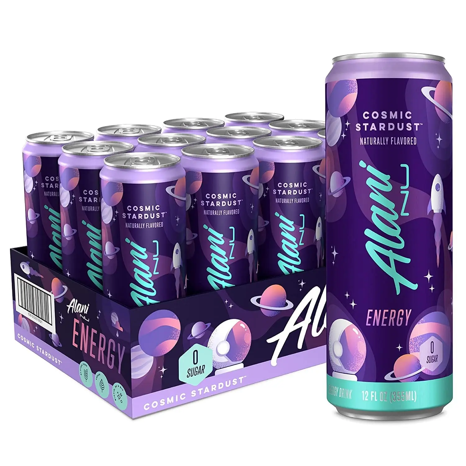 Alani Nu Sugar-Free Energy Drink, Pre-Workout Performance, Cosmic Stardust, 12 oz Cans (Pack of 12)