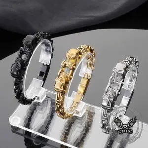 GTHIC Punk Double Skull Head Stainless Steel Bracelet Heavy Metal Inspired Accessory for Daily and Party Wear