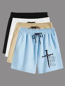 Men's Cross Letter Print Drawstring Waist Shorts, Graphic Print Shorts, Casual Loose Pocket Straight Leg Shorts for Summer, Knitting Bottoms for Men