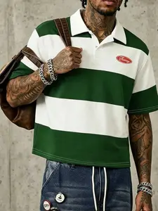 American Style Wide Striped Men's Polo Shirt, Summer Short Loose Fit Casual Collar Sleeveless Streetwear Top, Striped Polo Shirts