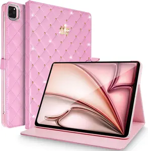 for iPad Air 13 Inch Case M3 2025/M2 2024, iPad Pro 12.9 (6th/5th/4th Gen 2022/2021/2020),Cute Crown Rhinestone Elegant PU Leather Auto Sleep/Wake Stand Protective Case for iPad Air 13", Pink