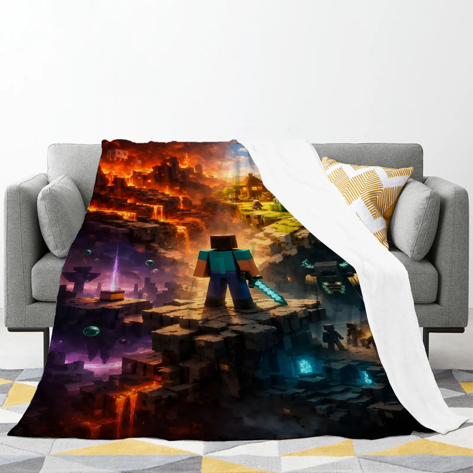 Minecraft Game Print Throw Blanket, Creative Block Puzzle Gaming Pattern, Cozy Fuzzy Anti-Pilling Flannel Blanket, Lightweight Warm Decorative Blanket for Gamer Room Couch Bed Travel Camping All Season Home Decor