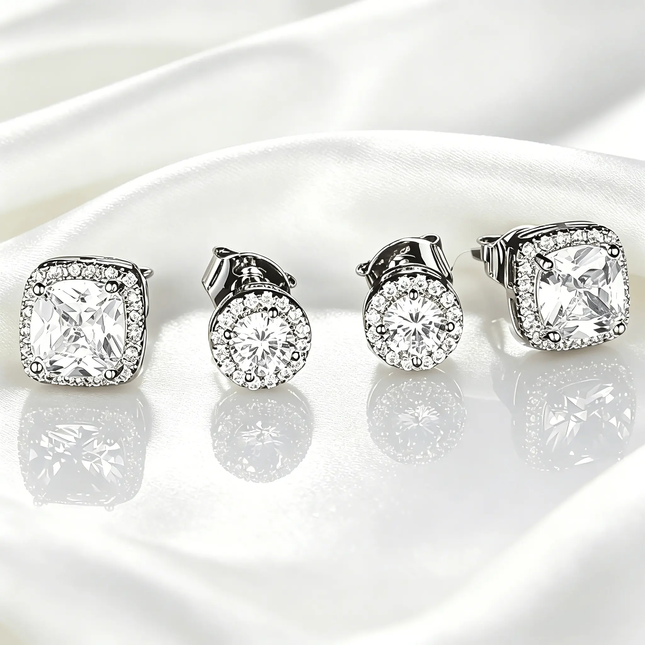 925 sterling silver stud earrings,halo cubic zirconia earrings,unisex earrings,round square earring set,hypoallergenic earrings,tarnish resistant jewelry,gift for men women