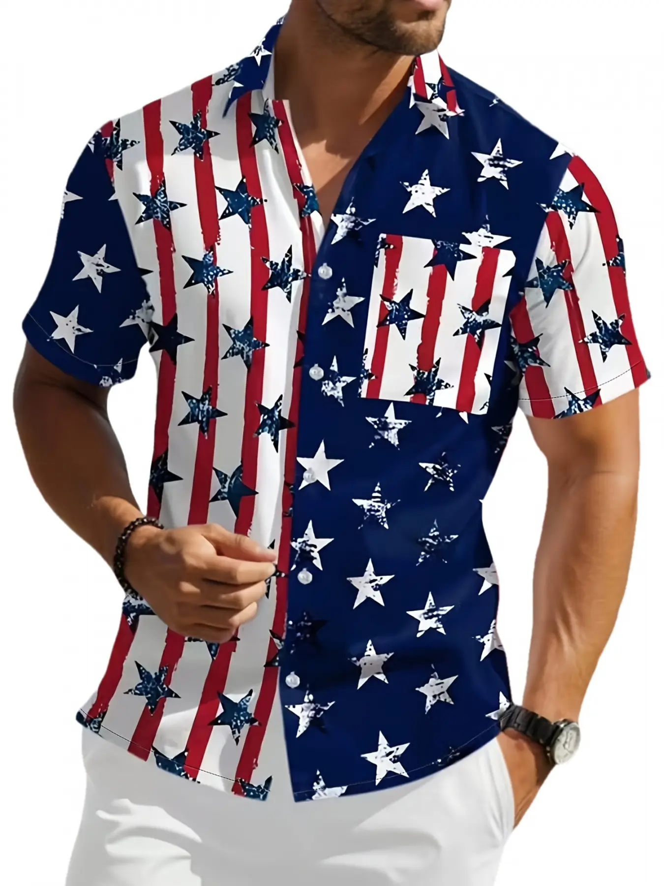 Men's Short-Sleeve Button-Up Shirt, Pocket, Casual Flag Print Shirt, Casual Button Shirts for Festive Holiday, Party and Casual Gatherings, Menswears, Tops