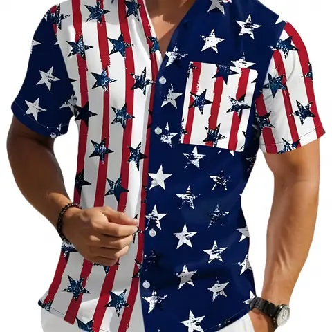 Men's Short-Sleeve Button-Up Shirt, Pocket, Casual Flag Print Shirt, Casual Outings Shirt for Festive Holiday, Party and Casual Gatherings, Menswears, Tops