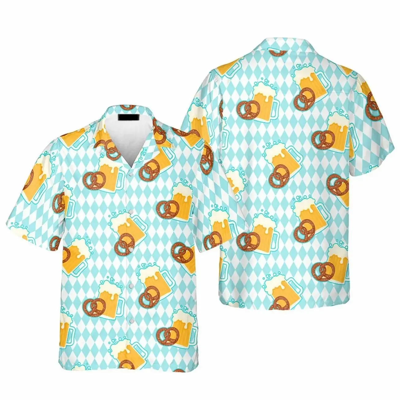 Oktoberfest Beer And Pretzels Blue Checkered Hawaiian Shirt T