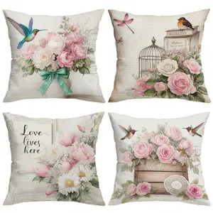 4pcs,  Spring Themed Throw Pillow Covers, French Retro-style Floral and Bird Design, Home Décor Products, Suitable for Couch Sofa, Room Decor and Bedroom Decor, Suitable for Spring Decoration, 2D Flat, Single Sided Printing, No Pillow Core
