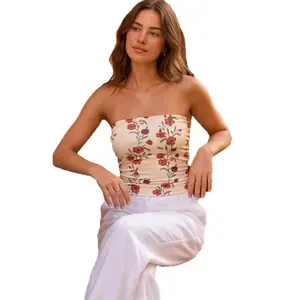 Cottagecore Aesthetic Floral Strapless Tube Top Slim Ruched Boho Casual Streetwear Crop Top Women Floral Print Strapless Tube Top Ruched Slim Fitted Bandeau Casual Going Out Y2K Crop Top