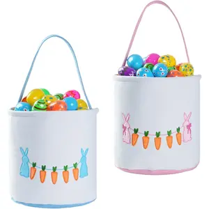 Easter Bunny Baskets for Kids – 2 Pack Canvas Tote Bags with Handles, Easter Egg Hunting Baskets, Rabbit Bucket Candy Storage and Easter Decorations
