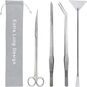 15 Inch 4 in 1 Anti-Rust Stainless Steel Aquarium Aquascape Tools Kit, Tweezers Scissors Spatula Scrapers for Fish Tank Cleaning and Aquatic Plant Trimming