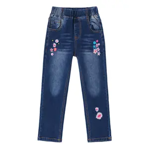 Girls 5-15T Embroidered Small Flower Slim Denim Jeans, Casual Stretch Elastic Waist Cargo Pants