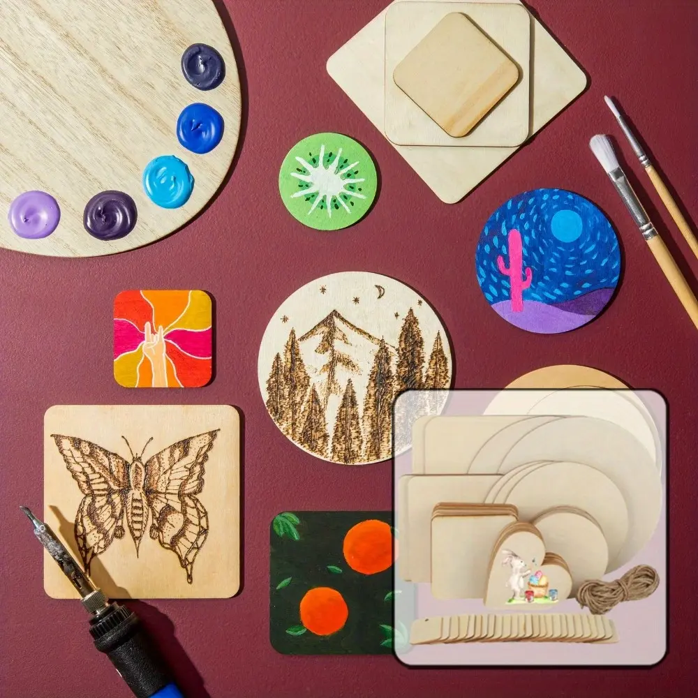 65PCS Round Square Heart Shaped Wooden Panels Blanks,Painting Writing Pickling Wood Panel Set for DIY Craft, Untreated Wooden Panel for Crafting, Party Decoration,Christmas Decors