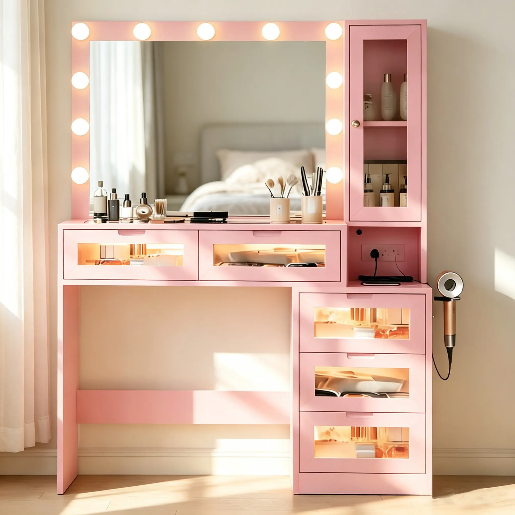 CollaredEagle White Makeup Vanity Desk with Lighted 29\" Mirror, Glass Top, 5 Drawers, RGB Lights, Charging Station, Crystal Knobs & Hair Dryer Rack for Bedroom