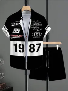 Men's Summer Racing Style Shirt Set, Button-Up Design + Drawstring Shorts, Breathable Skin-Friendly Material, Casual Tropical Beach Travel Essentials