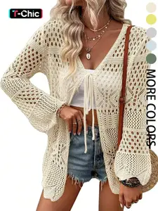 Women's Solid Color Hollow Out Crochet Cardigan, Lady Casual Long Sleeve Adjustable Tie Front Knitwear for Summer, Fashion Women's Knit Clothing for Beach Vacation, Womenswear, Cardigan Sweater, Longsleeves Clothes for Women, Relaxed Loose Fit Cardigan