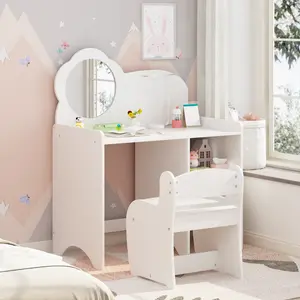 Vanity Desk for Girls ,Vanity Table with Stool for Kids Vanity with Mirror, 2 in 1 Princess Vanity Set Toddler Vanity Table & Chair Set with Open Bookshelf, Storage Cabinet & Shelves for Little Girls