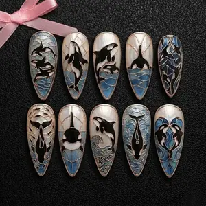 Handmade Ocean Orca Press On Nails | Whale, Wave, Shell & Stained Glass Art | Blue Sea Nails For Coastal Aesthetic Vibe