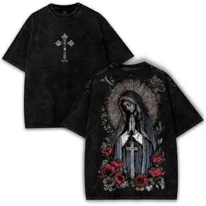 Virgin Mary Graphic T-Shirt Vintage Washed Heavyweight Cotton Oversized Tee Gothic Streetwear Retro Y2K Grunge Chicano Style Cross Religious Shirt Acid Wash Men Women Casual Short Sleeve Dark Aesthetic Trending Summer Outfits Hip Hop Clothes