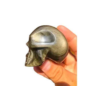 Gold Sheen Obsidian Crystal Skull Carving for Home Decor