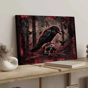 Raven Perching on Skull Pattern Canvas Painting with Frame, Modern Art Printing, Wall Art Decor for Home Living Room Bedroom Office, Tombstone Wall Art, Ornaments