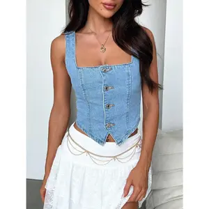 Smocked Square Neck Denim Top