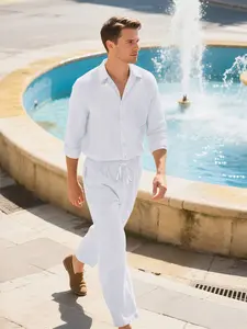 Men's Linen Set 2 Piece Long Sleeve Cuban Shirt & Pants, Casual Summer Beachwear, Comfortable Lightweight Fabric for Vacation Outdoor Activities