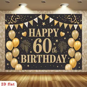 2D Flat, [party Banner] 2D Flat Banner, 1pc Happy 60th Birthday, Black Backdrop, Golden Balloons, Bunting, Fireworks, Hearts, Stars Backdrop, for Party Decor Home, Garden, Farm, Club, Room