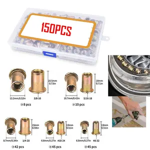 150pcs Rivet Nuts Combo Set, Includes #8-32, #10-24, 1/4"-20, 5/16"-18, 3/8"-16, Zinc Plated Carbon Steel, Flat Head Threaded Embedded Nuts
