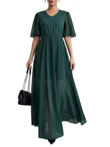 Women's Pure Color French Elegance Patchwork Chiffon V-Neck Ruffle Long Dress, Inner Lining, Flowy, Elegant Fashion