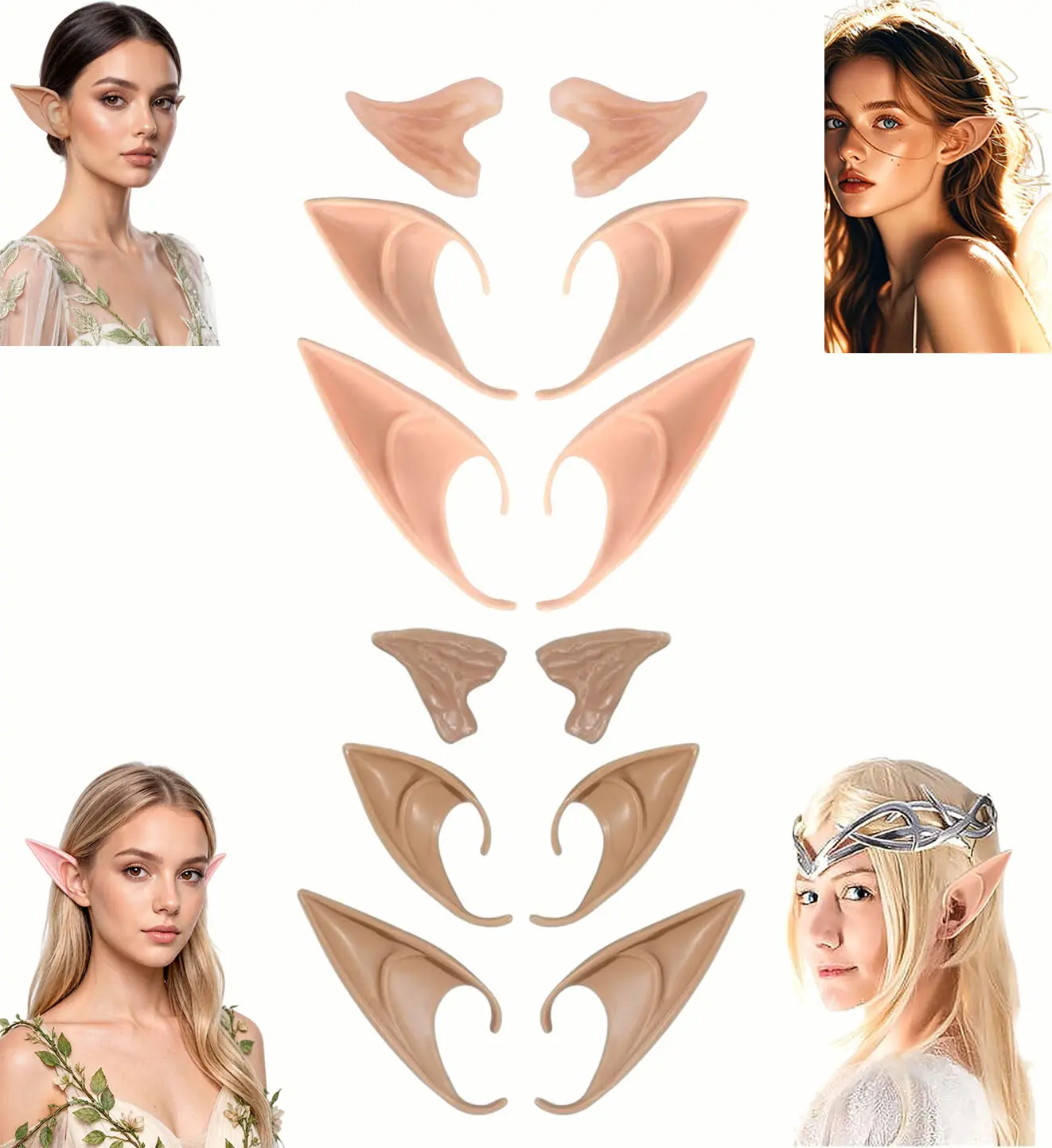 6 Pair  Cosplay Fairy Pixie Elf Ears  Soft Pointed Tips Anime Party Dress Up Costume Masquerade Accessories for Halloween Christmas Party
