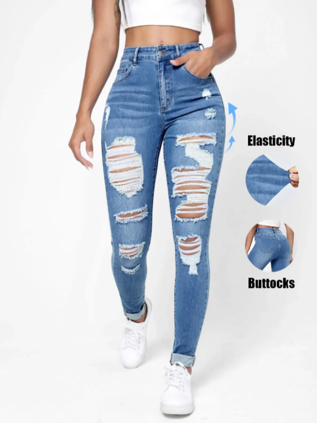 Women's High Waist Ripped Slim Skinny Fit Button Fly Jeans Pants, Elastic Vintage Button Front Denim High Rise Jeans with Button and Pocket, Butt Lifting Design, Casual Streetwear Fashion Womenswear for Daily Wear