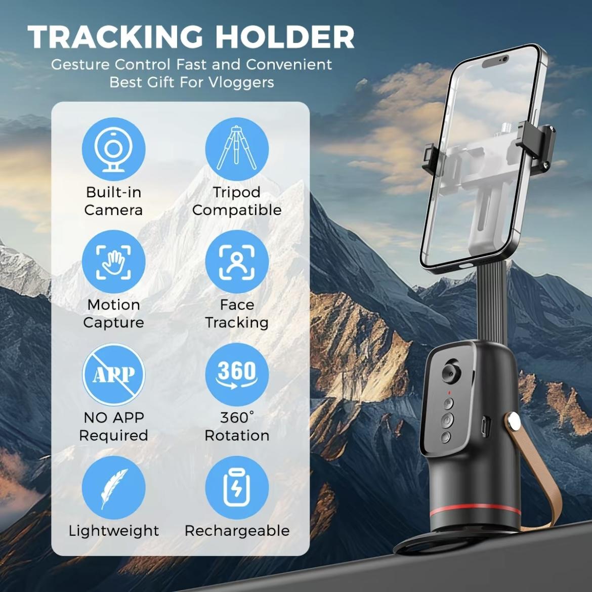 Automatic face-tracking tripod with gesture control, 360° rotation; phone camera mount for body/face shots; smart tracking holder for live vlogging and video streaming; selfie accessories; 360 rotating phone stand
