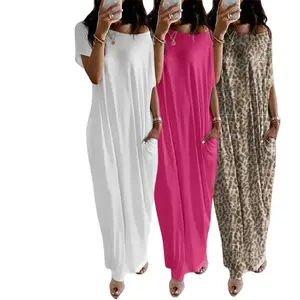 Women's Leopard Print Loose Maxi Nightgown, Soft Short Sleeve Loungewear with Pockets, Casual Round Neck Sleepwear, All Season Batwing Homewear Dress