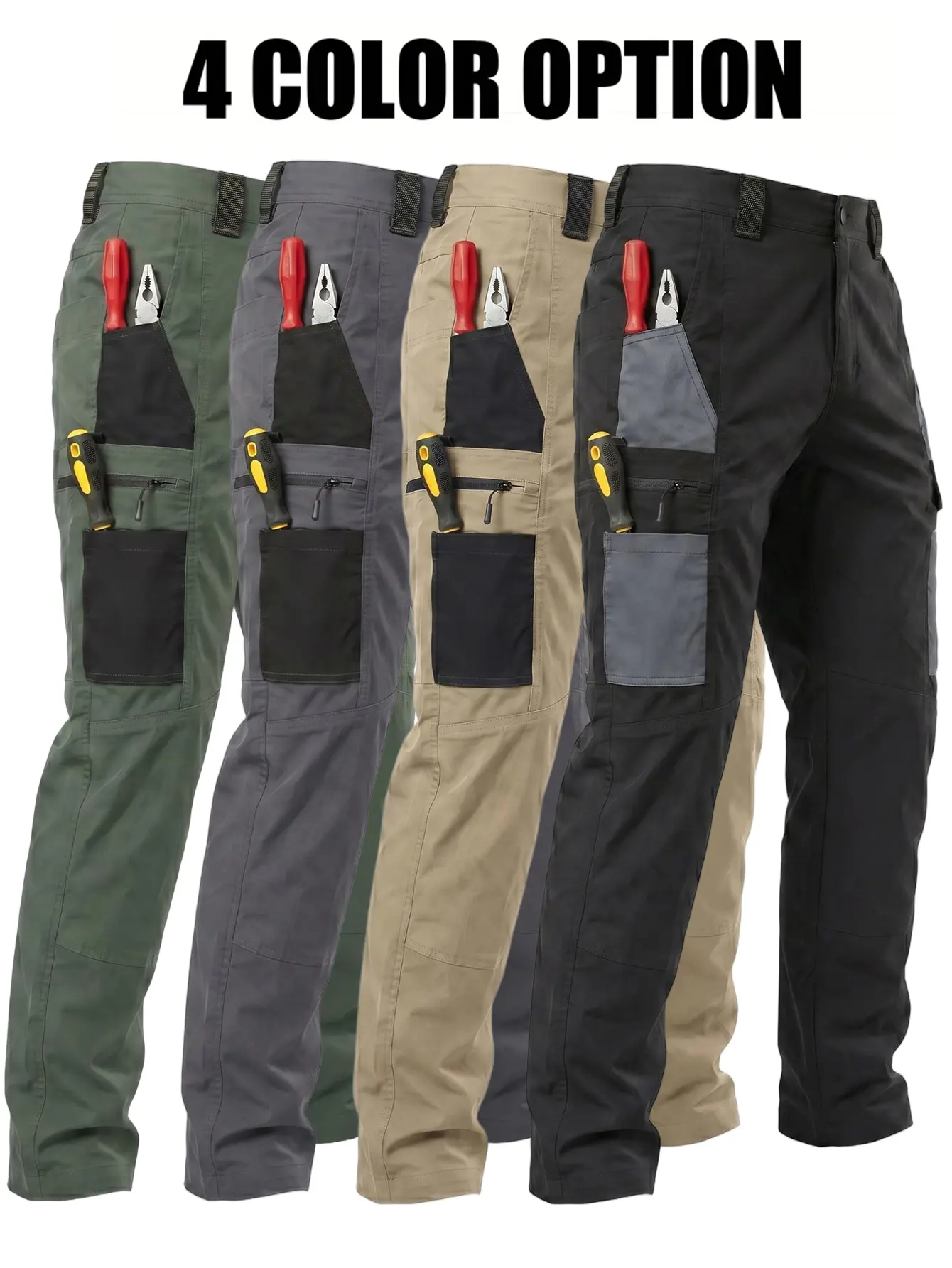 Men's Plain Polyester Tactical Cargo Pants, Casual Mid Waist Work Trousers with Multiple Pockets for Outdoor Hiking, Menswear, Solid Color Style, Athletic, Slim-Fitting, Outdoor Tough, Hike‑Ready Pants
