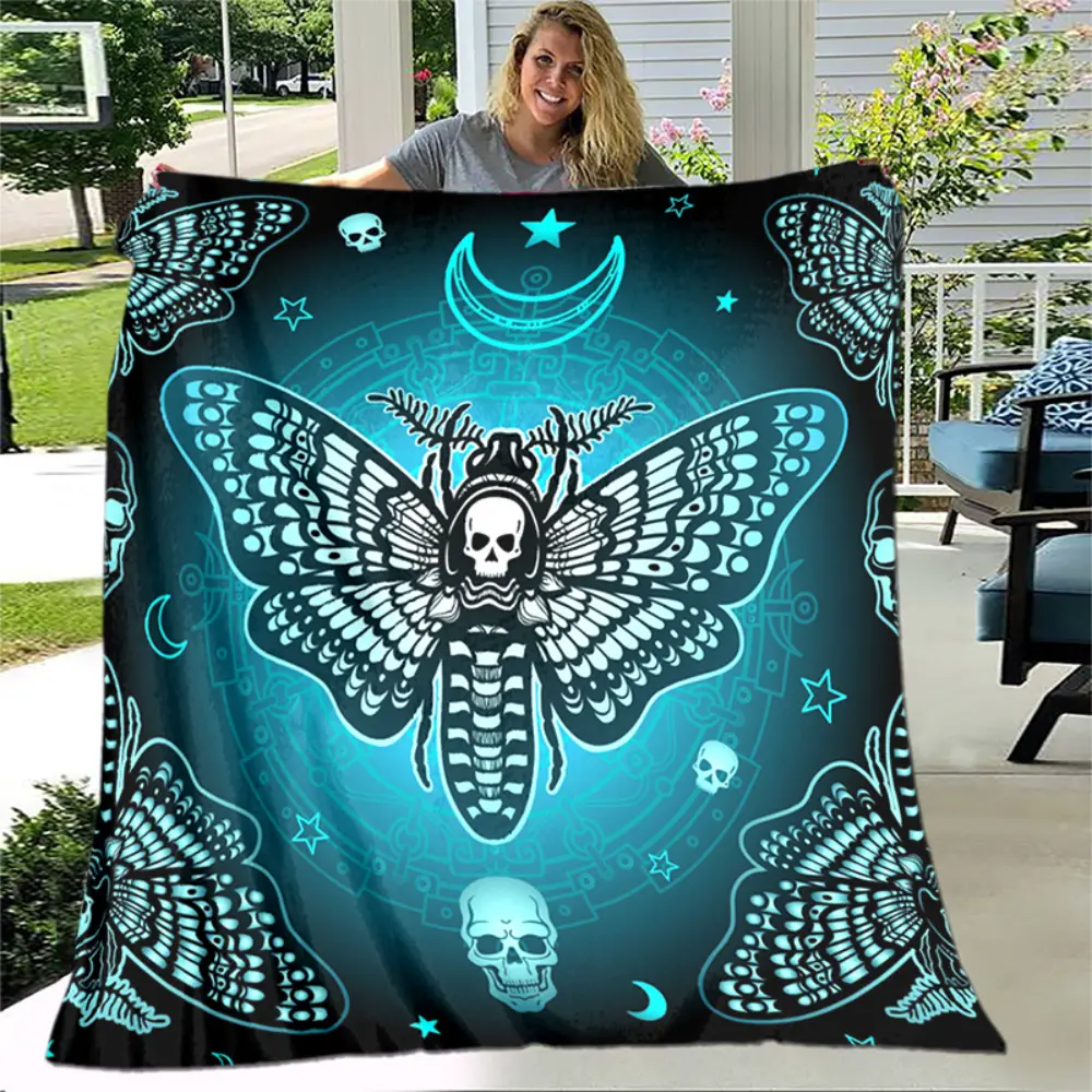 Gothic Moth Blanket, Witchy Occult Throw Blanket with Skull Butterfly Moon Star Design, Dark Academia Room Decor Blanket for Couch Sofa Bedroom, Alternative Gothic Home Decoration Gift for Women Teens Halloween Lovers