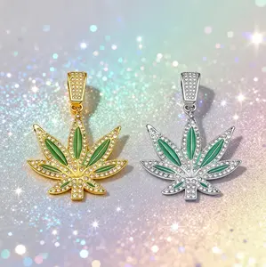 European and American hip-hop full-diamond green enamel maple leaf necklace with diamond tennis chain, unisex personalized pendant accessory