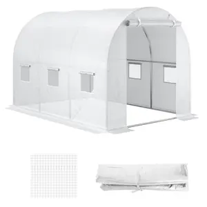 9.8' x 6.6' x 6.6' Plastic Greenhouse Cover Replacement, Heavy Duty Waterproof Tarp for Hoop House, Sheeting with 6 Windows, Door & Reinforcement Grid, White