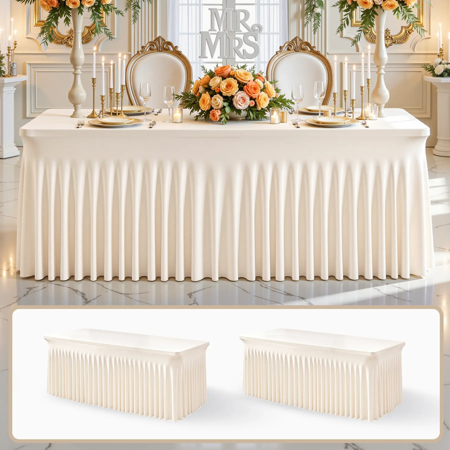 【Summer Finds】Elegant Ruffled Spandex Elastic Tablecloth - Wrinkle-Resistant Classic Decor for 6/8FT Rectangle Ivory Tables, Ideal for Weddings, Holiday Banquets (Home & Festive Party Supplies), Ruffle