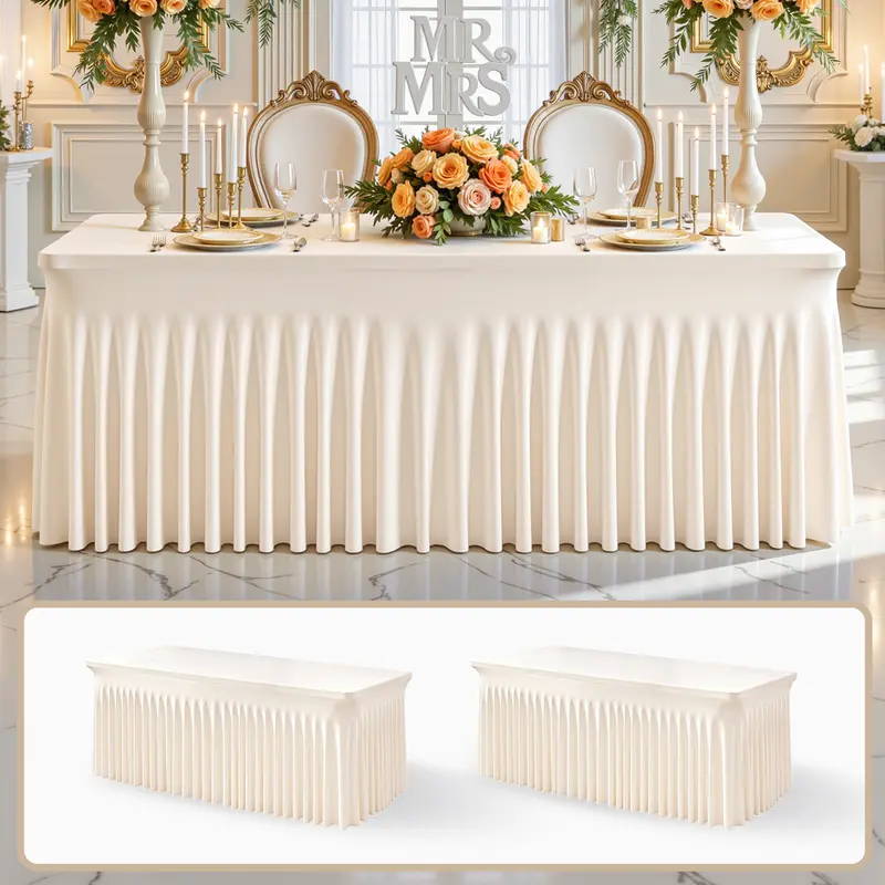 [Family fun] Ivory Ruffled Elastane Spandex Tablecloth - Wrinkle-Resist, Easy-To-Install Art Deco Glam Home Decor, Fits 6/8ft Rectangle Tables, for Halloween Decorations, Baby Shower Events (Home & Festive Supplies)