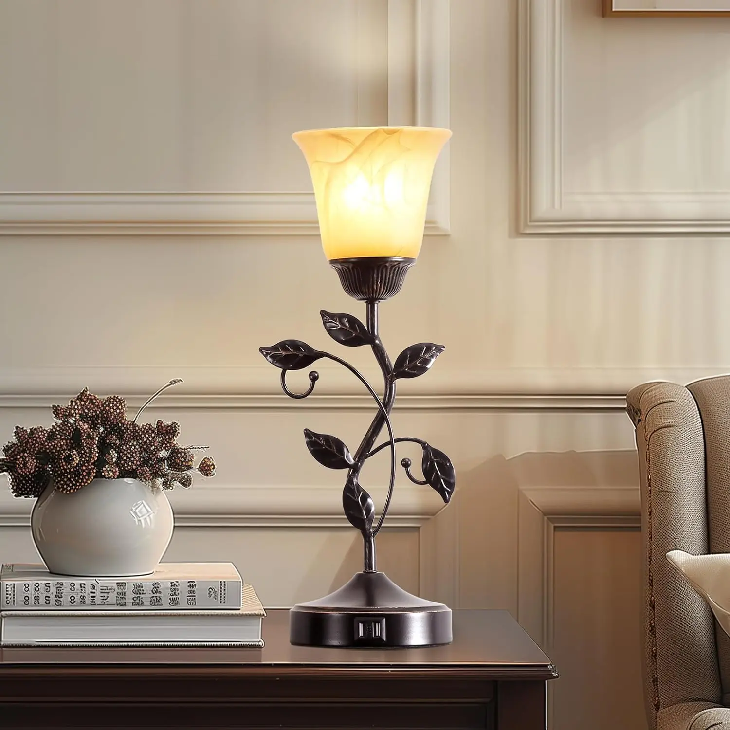 Vintage Metal Floral Vine LED Mood Table Lamps with Amber Glass Shades (Set of 2), Led Mood Light