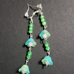 Glass Bead Flower Dangle Hook Earrings with Green and Blue Beads and Floral Design