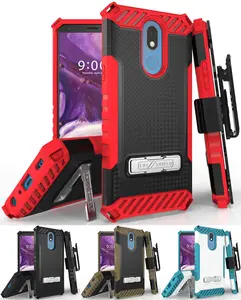 Tri-Shield Rugged Case Cover with  Belt Clip Holster [Metal Kickstand + Wrist Strap Lanyard] for Cricket LG Harmony 3 Phone (LMX420)