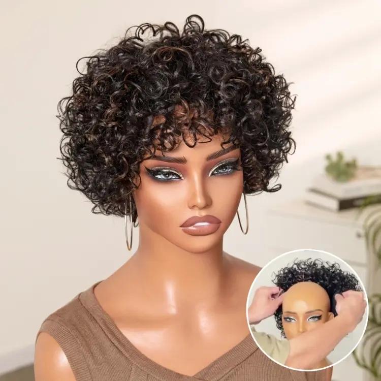 【LIVE】Brown Highlight Throw On & Go Short Bouncy Curls with Bangs Glueless Wig 100% Human Hair - US Only