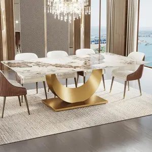 Tribesigns 78.7" Sintered Stone Dining Table, Luxury Design with Snowy White Pandora Tabletop and Golden Stainless Steel Crescent Moon Base