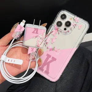 5 Piece Set Letter K Phone Case, Charger Head Cover, Cable Protector, Storage Rope, Anti-Drop Tpu Case for iPhone Models