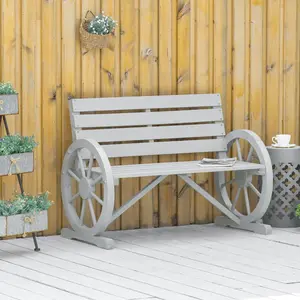 41" Rustic Wooden Wagon Wheel Bench, Weather-Resistant Outdoor Patio Furniture, 2-Person Slatted Seat Bench with Backrest, Light Gray