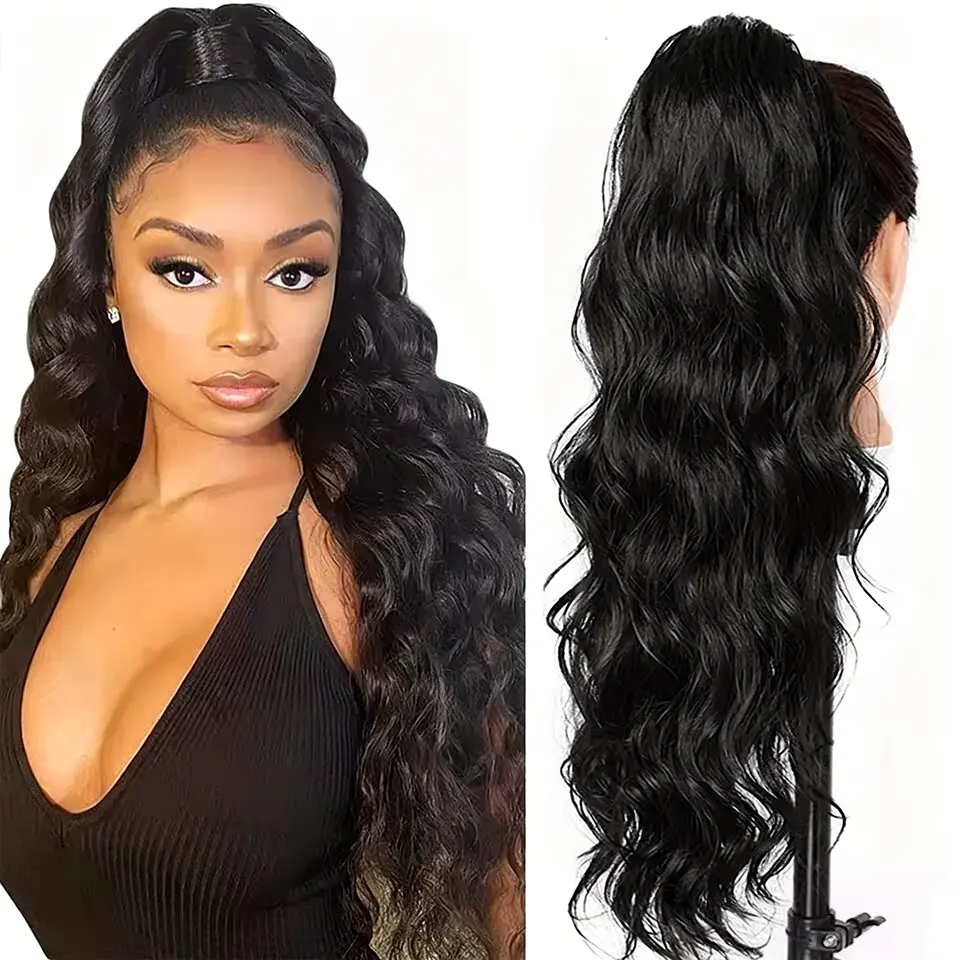 Body Wave Drawstring Ponytail Extension, 150% Density Clip-In Brazilian Remy Human Hair for Women, 100g Piece in Natural Color, Body Wave Extensions, Clip In Hair Extensions