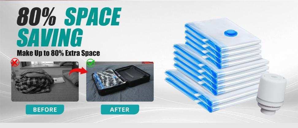 12-Pack Reusable Vacuum Storage Bags with Pump, Space-Saving Compression Bags for Travel, Bedding, Clothes & Moving